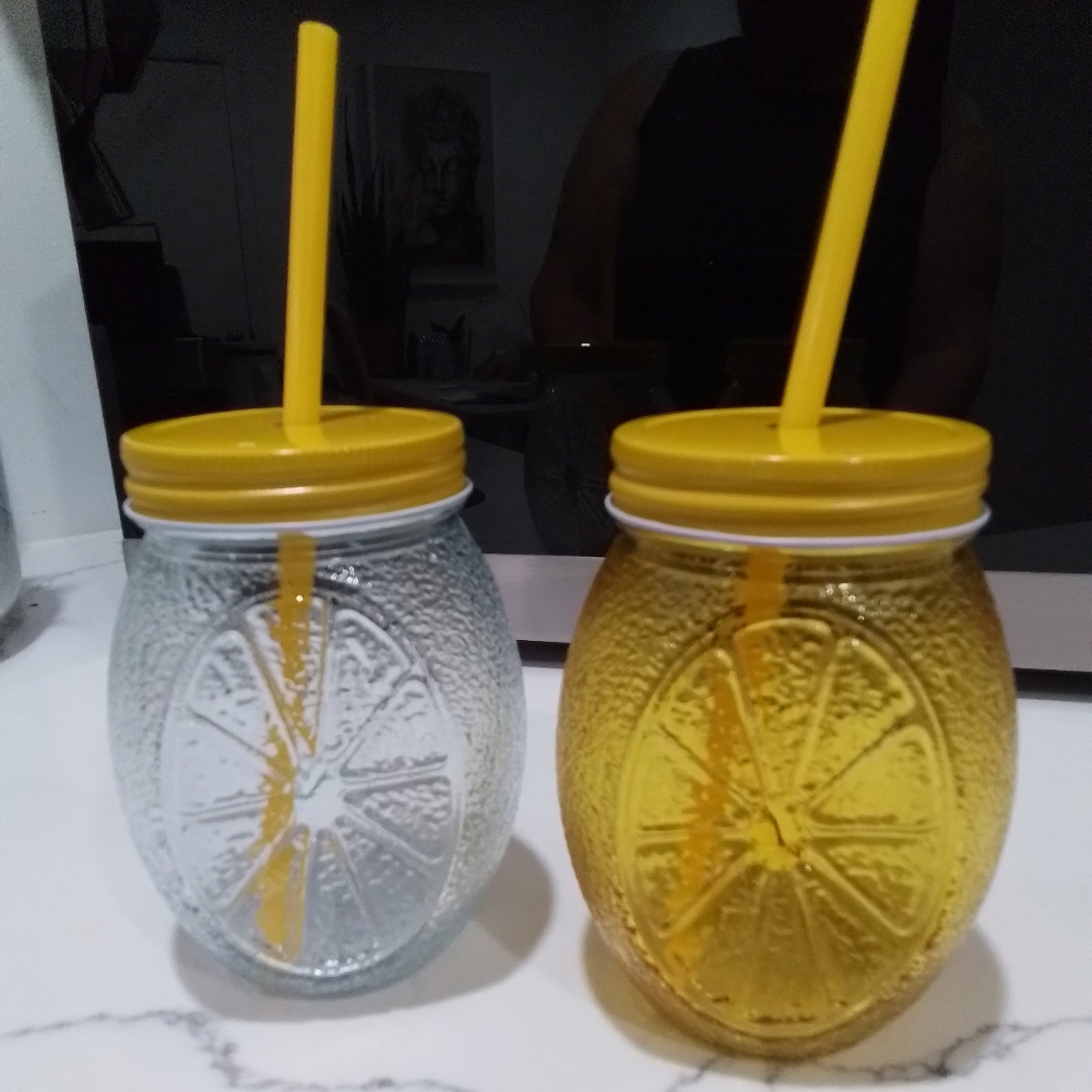 Set of 2 Lemon Glass Mason Jar Tumblers with Straws